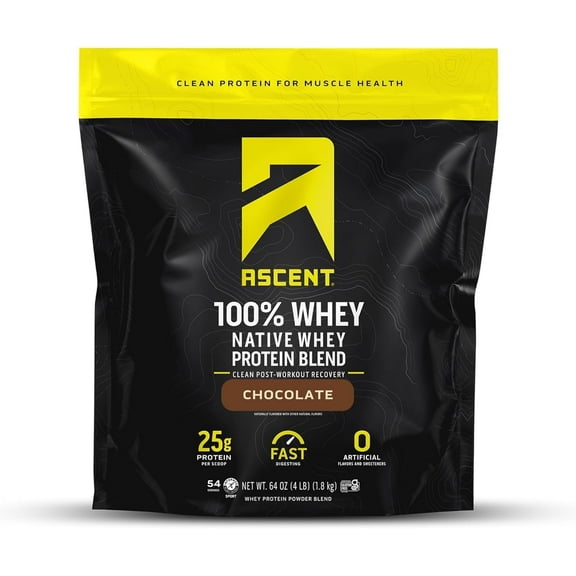 Ascent 100% Whey Protein Powder - Post Workout Whey Protein Isolate, Zero Artificial Flavors & Sweeteners, Soy & Gluten Free, 5.5g BCAA, 2.6g Leucine, Essential Amino Acids, Chocolate 4 lb