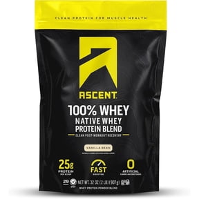 Ascent 100% Whey Protein Powder - Post Workout Whey Protein Isolate, Zero Artificial Flavors & Sweeteners, Soy & Gluten Free, 5.5g BCAA, 2.6g Leucine, Essential Amino Acids, Vanilla Bean 2 lb