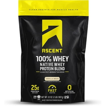 Ascent 100% Whey Protein Powder - Post Workout Whey Protein Isolate, Zero Artificial Flavors & Sweeteners, Soy & Gluten Free, 5.5g BCAA, 2.6g Leucine, Essential Amino Acids, Vanilla Bean 2 lb