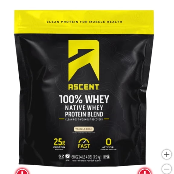 Ascent 100% Whey, Native Whey Protein Blend, Vanilla Bean, 4.25 lbs