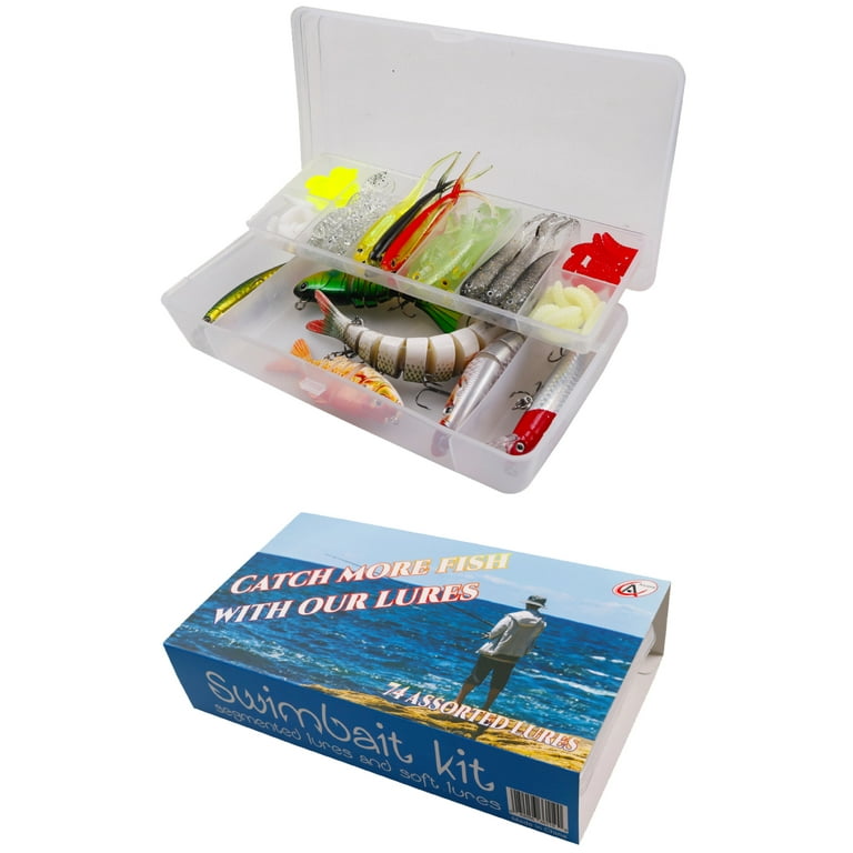 Ascent's Fisherman's Gift Lures Fishing Kit Gift Boxed - 74 pcs Combo Set  Including Segmented Lures, Crankbaits, Plastic Worms, Topwater Lures,  Tackle