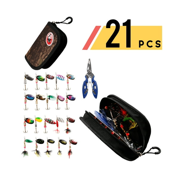 Ascent's Fisherman's Gift Lures Fishing Trout, Bass, Spinning Lures - 21 pcs Combo Set with Pliers, Line Cutter, Hook Remover Tool, Hard Metal Spinner Baits Kit, Gift Idea for Father, Men, Women, Kids