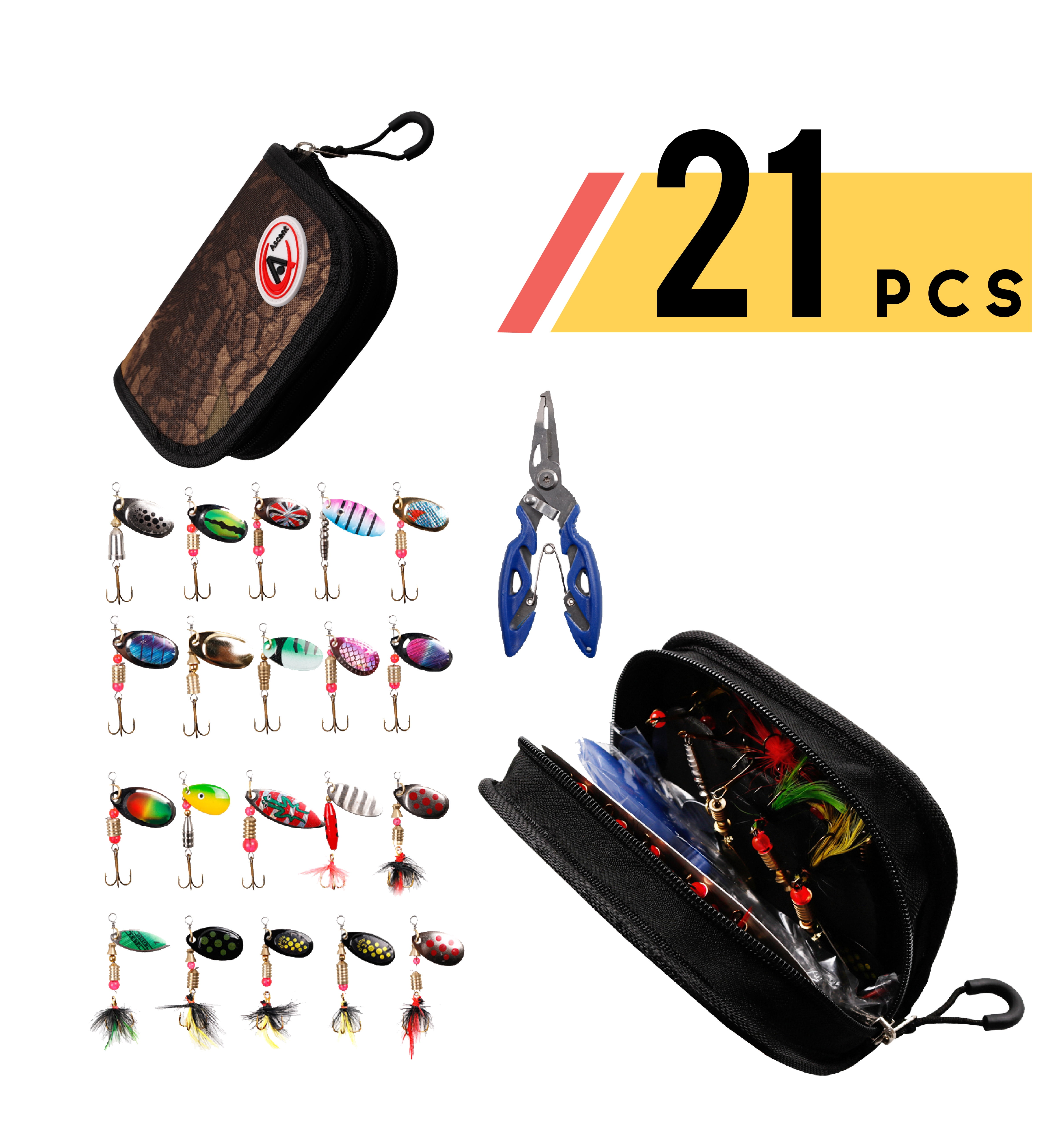 Ascent's Fisherman's Gift Lures Fishing Trout, Bass, Spinning Lures - 21 pcs Combo Set with Pliers, Line Cutter, Hook Remover Tool, Hard Metal Spinner Baits Kit, Gift Idea for Father, Men, Women, Kids