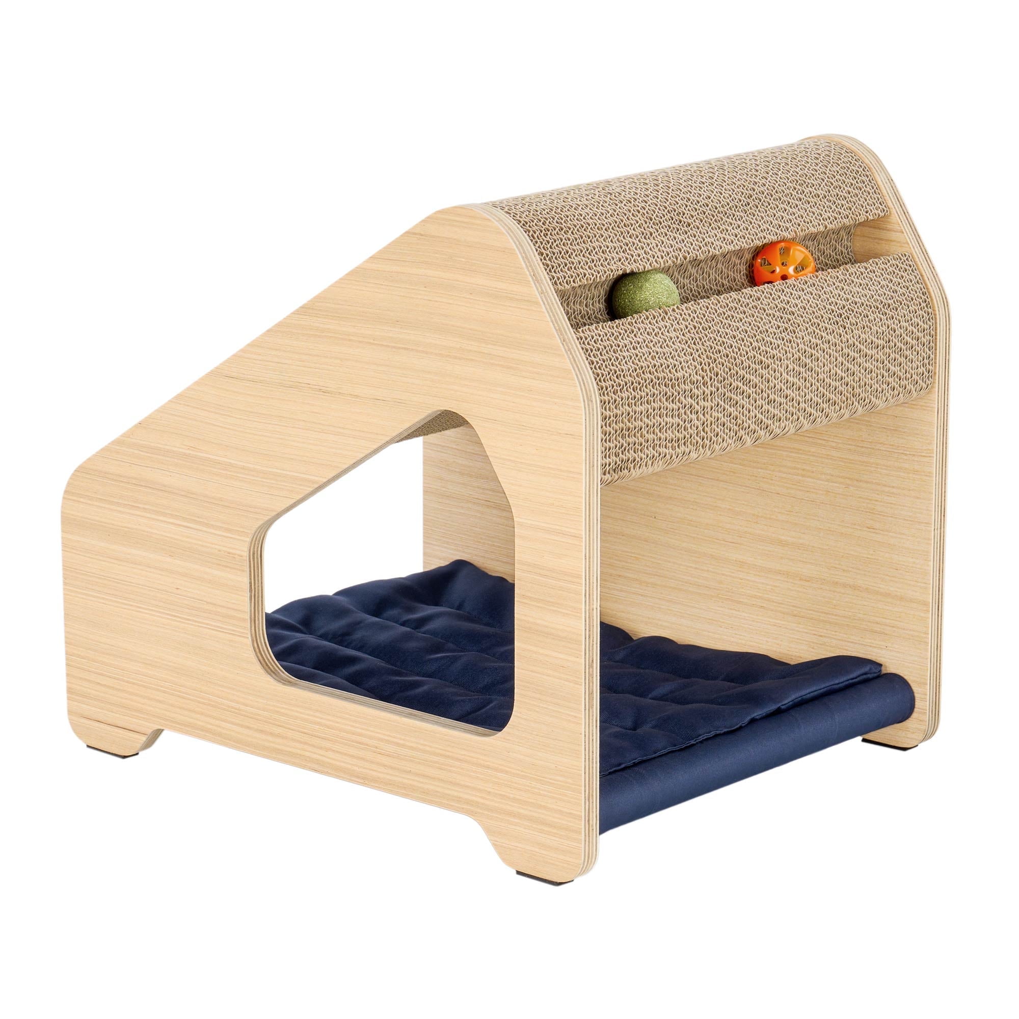 Natural Plywood and Cardboard Cat Chalet with Hammock