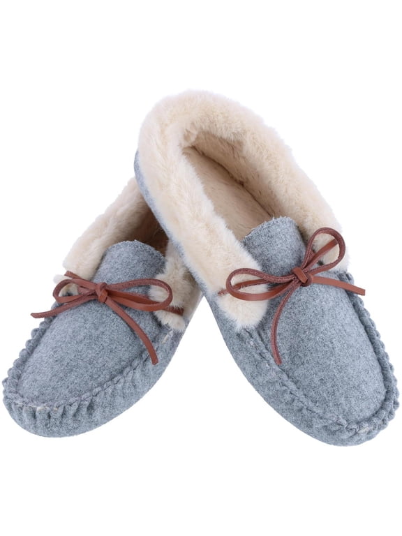 Cozy Moccasin Slippers Faux Fur Lined Gray (Women)