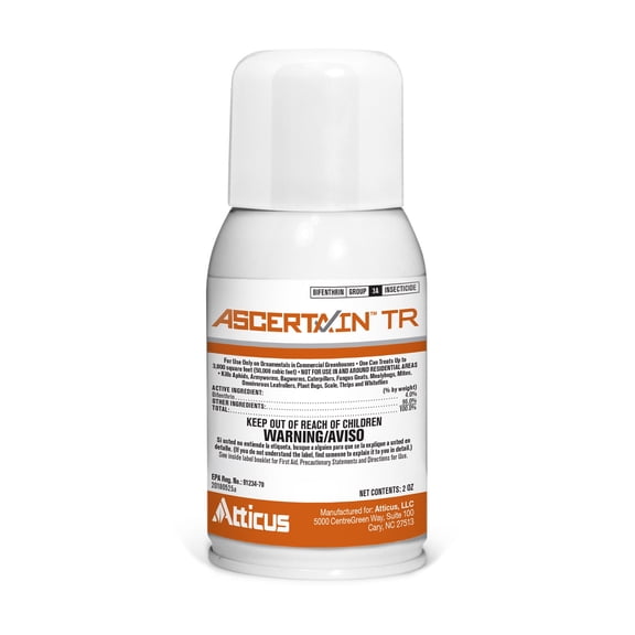 Ascertain TR Greenhouse Fogger (2oz Can) by Atticus (Compare to Attain) - Total Release Bifenthrin Insecticide/Miticide - Controls Mites, Aphids, Thrips, Fungus Gnats, Whiteflies, and Caterpillars