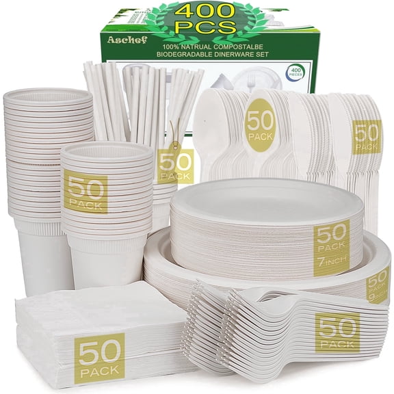 400pcs Eco-Friendly Disposable Paper Plates Bulk and Cups Napkins Cutlery Sets Non-Plastic Biodegradable Compostable Dinnerware for Dessert Dinner Birthday Party (50 Guest)