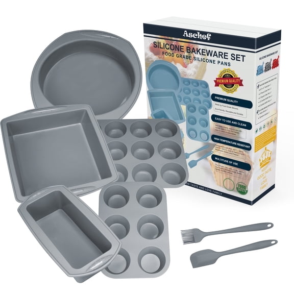 Aschef 7-Piece Non-Stick Silicone Baking Tray Set, Muffin, Loaf, Bread, Pizza, and Cake Pan-Gray