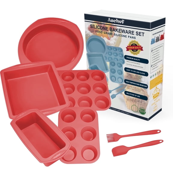 Aschef 7-Piece Non-Stick Silicone Baking Tray Set, Muffin, Loaf, Bread, Pizza, and Cake Pan-Red
