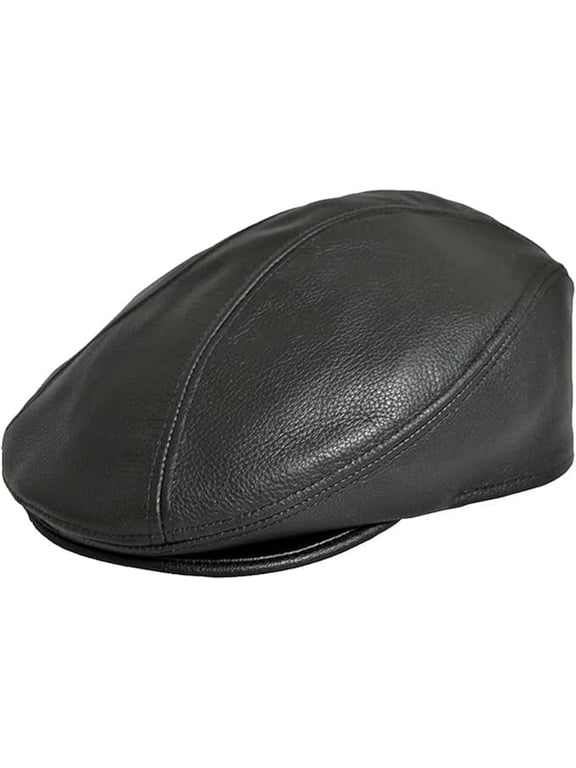 Ascot Leather Cap for Men IVY Hat Newsboy Cap Black Cow Leather (XL)