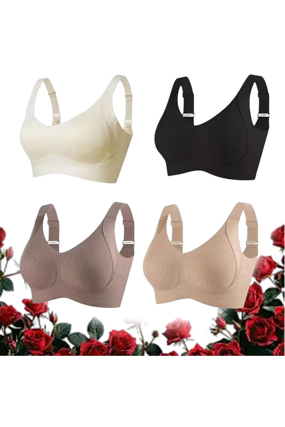 4-Pack Women's Seamless Wireless Cooling Unpadded Comfort Bra, Ribbed Full Coverage Adjustable Straps Push Up Bras