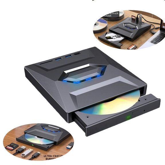 AsdQ External Blu-ray Drive USB 3.0 & Type-C,Portable BD/DVD/CD Burner Writer Reader with USB Hub & SD/TF Card Reader, 6X Blu-ray Optical Drive for Laptop Desktop