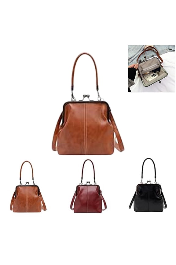 Kiss Lock Bag, Retro Style Crossbody Bag, Vintage British Style Handbag, Women's Mini Kiss Lock Crossbody Bag, PU Leather (Brown)