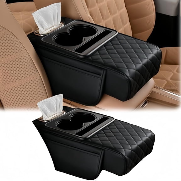 AsdQ Multifunctional PU Leather Car Armrest Box Mat, Car Console Organizer, Car Armrest Storage Box with Cup Holder & Phone Holder (Black)