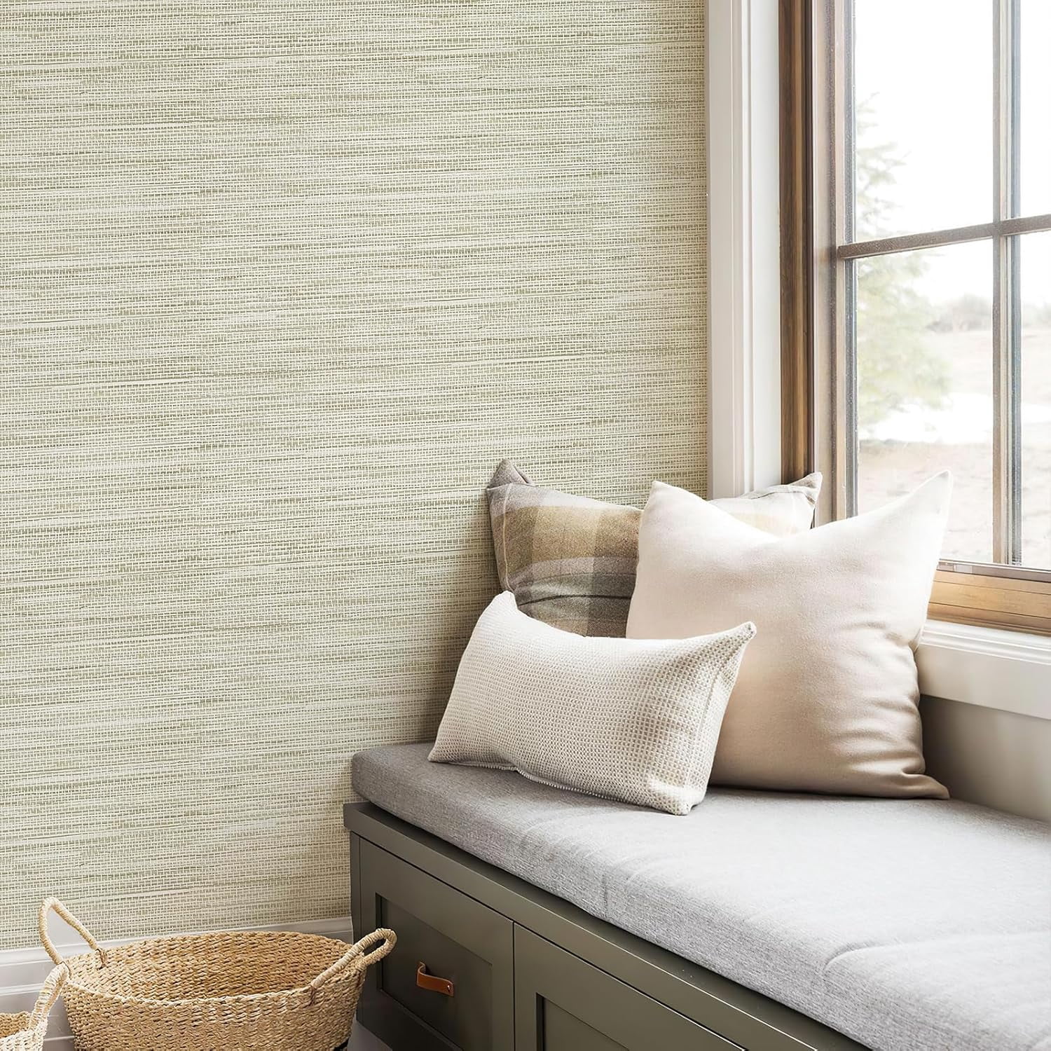 AsdQ Wallpaper Peel and Stick 118-in x 17.3-in Textured Wallpaper Faux Grasscloth Self-Adhesive Linen Removable Wallpaper Cabinets Counter Top Liners