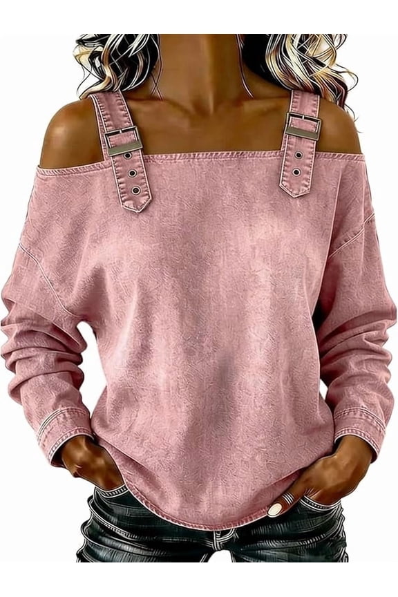 Women's Cold Shoulder Buckle Strap Long Sleeve Blouse Casual Washed Denim, Off-The-Shoulder Strapless Denim Shirt Top (Pink, S)