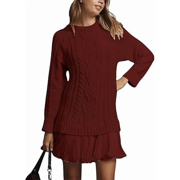 AsdQ Women's Round-Neck Sweater with a Sweet and Elegan Chiffon mini Dress (Red, S)