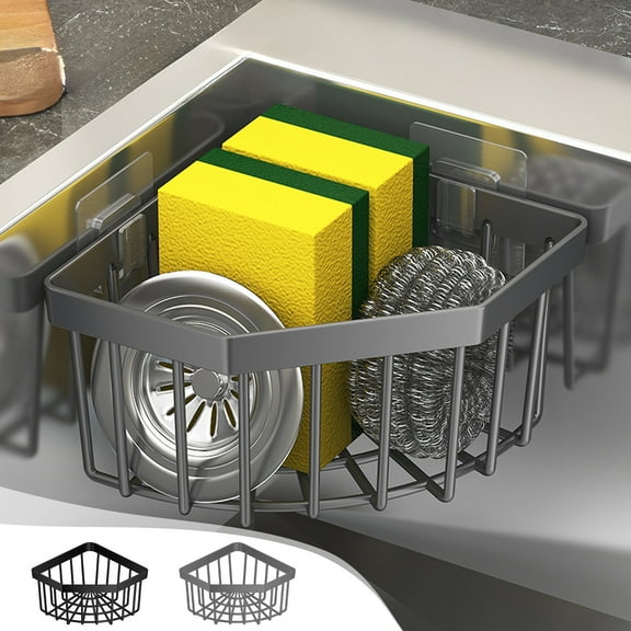 Asdat Kitchen Sink Corner Storage Basket, Nail-Free Plastic Sponge Holder with Triangular Drain Rack for Bathroom, Black & Silver Design