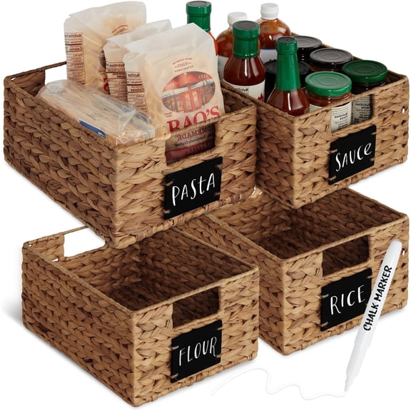Asdfgh 4 Pack Large Woven Water Hyacinth Storage Baskets for Pantry, 16" x 12" Rectangular Organizer Baskets with Chalkboard Labels & Chalk Marker, Kitchen Pantry Storage Bins, Brown