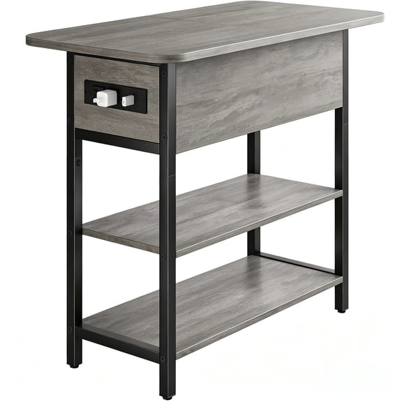 Flip Top Gray Narrow Storage Side Unit with Charging Panel, Multi-Tier Accent Table for Bedroom Living Room Apartment