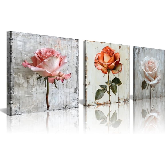 Asdg12s-3Pcs Rose with Distressed Wood Background Canvas Art Vintage Floral Botanical Print Shabby Chic Flower Painting for Home Decor Ready to Hang Wall Art for Living Room Bedroom Kitchen