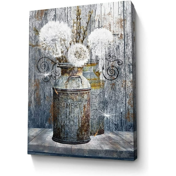 Asdg12s-Bathroom Decor Wall Art Rustic Dandelion Picture Wall Decor Farmhouse Dandelion in Vintage Creamery Milk Cans Painting Framed Modern Artwork for Bedroom Bathroom Decor 16x24 inch