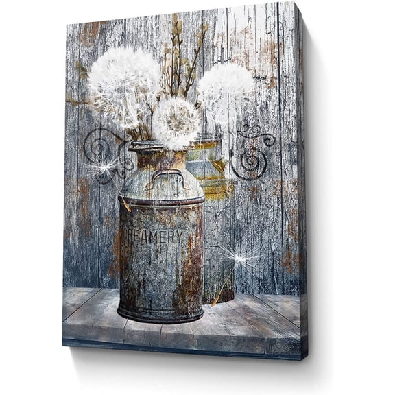 Asdg12s-Bathroom Decor Wall Art Rustic Dandelion Picture Wall Decor Farmhouse Dandelion in Vintage Creamery Milk Cans Painting Framed Modern Artwork for Bedroom Bathroom Decor 16x24 inch
