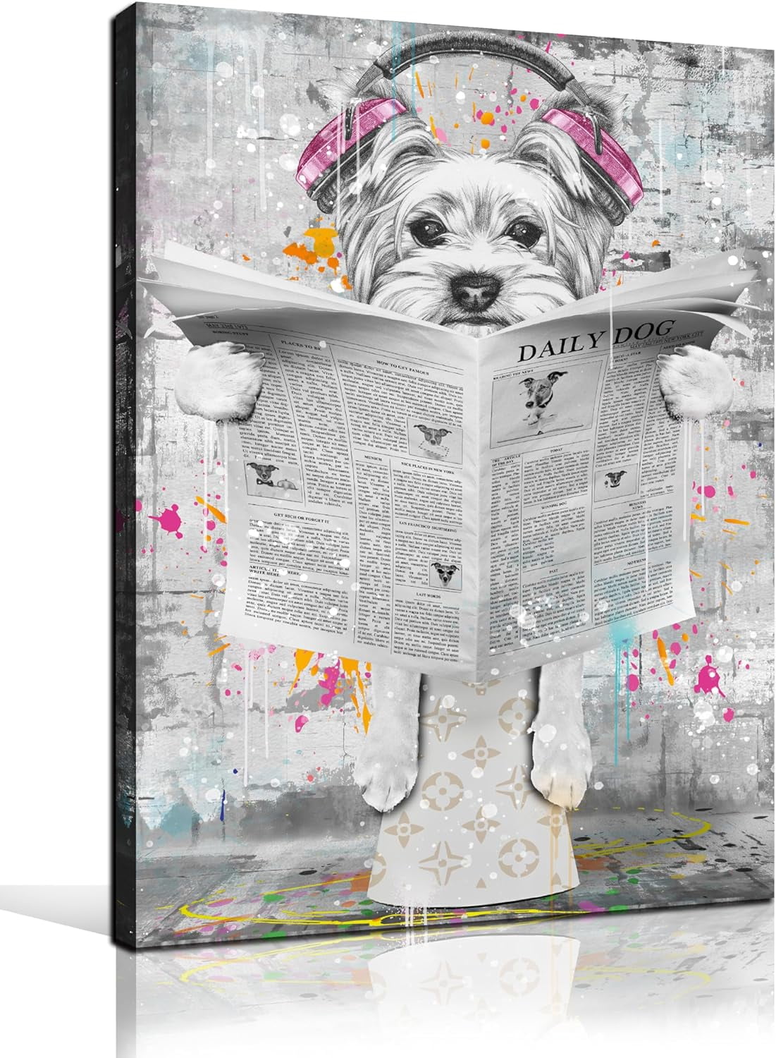 Playful Dog Reading Newspaper Abstract Canvas Art in Gray and Pink