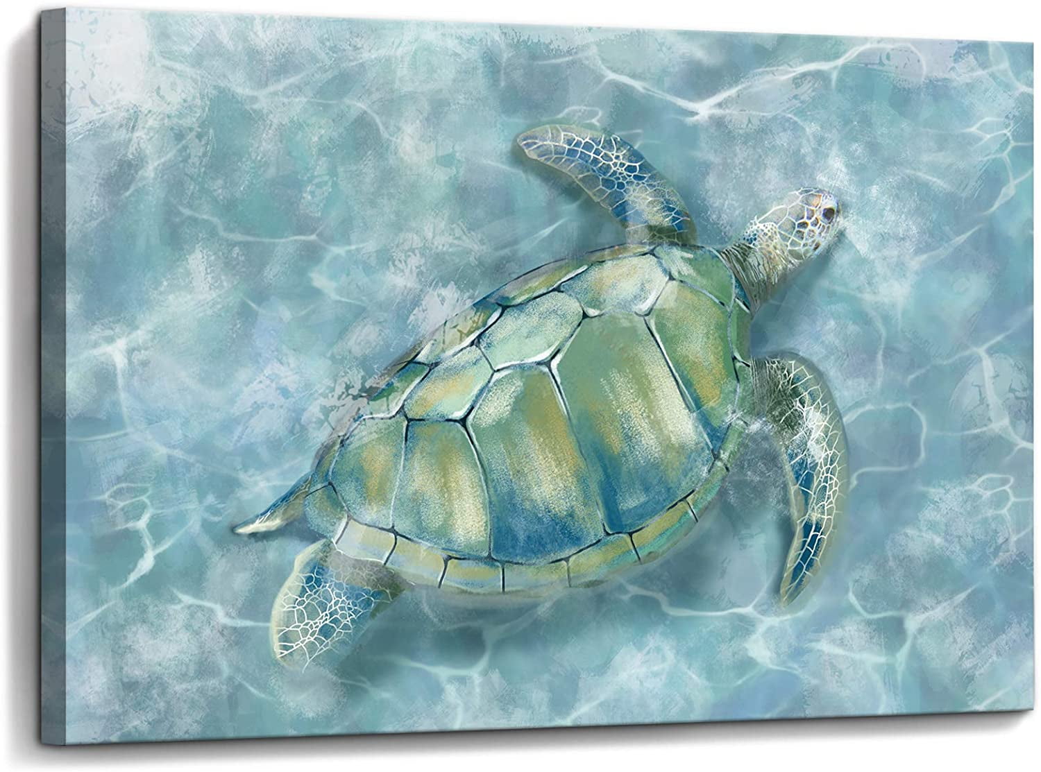 Large Blue and Green Sea Turtle Canvas Print with Pine Frame