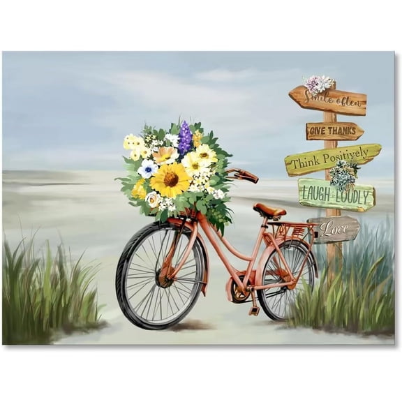 Asdg12s-Beach Wall Art for Bathroom Decor Bathroom Pictures Bicycle Canvas Print Seascape Painting Framed Sunflowers and Bike Artwork for Modern Coastal Themed Home Bedroom Décor Ready to Hang