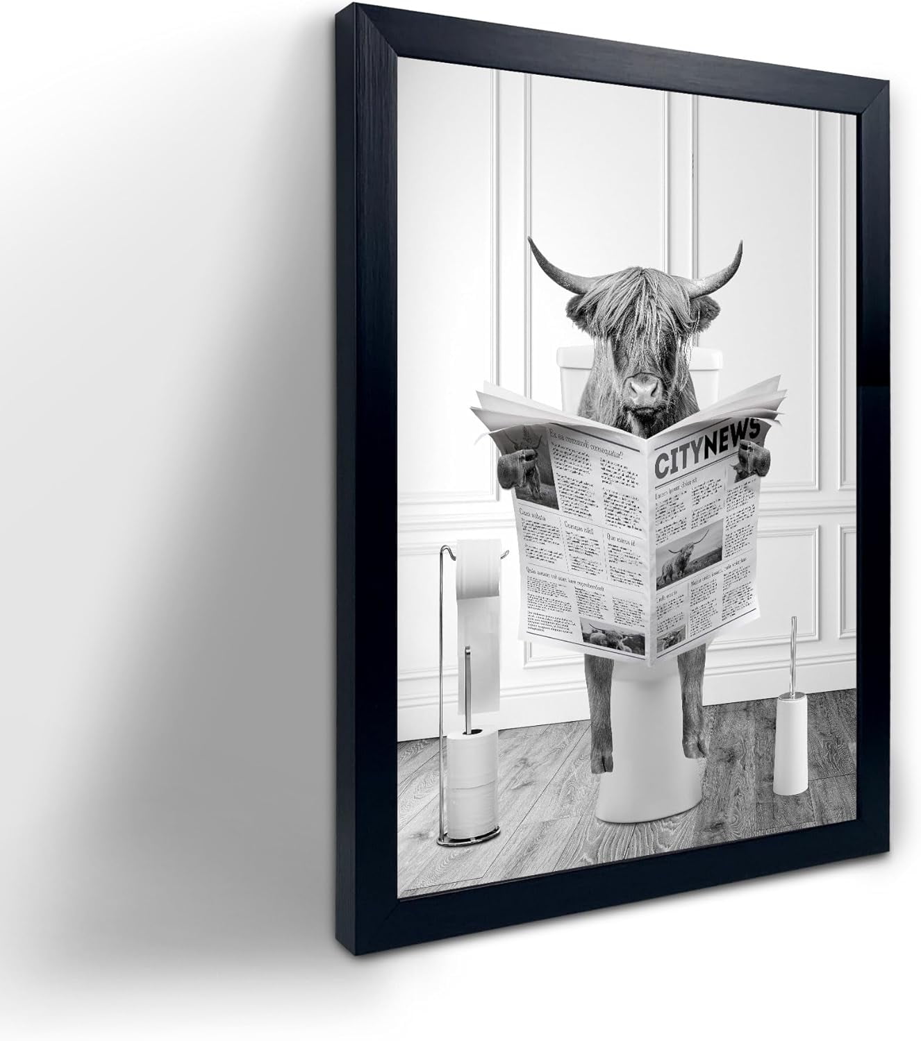 Funny Black and White Highland Cow Bathroom Wall Art, 12”x16”