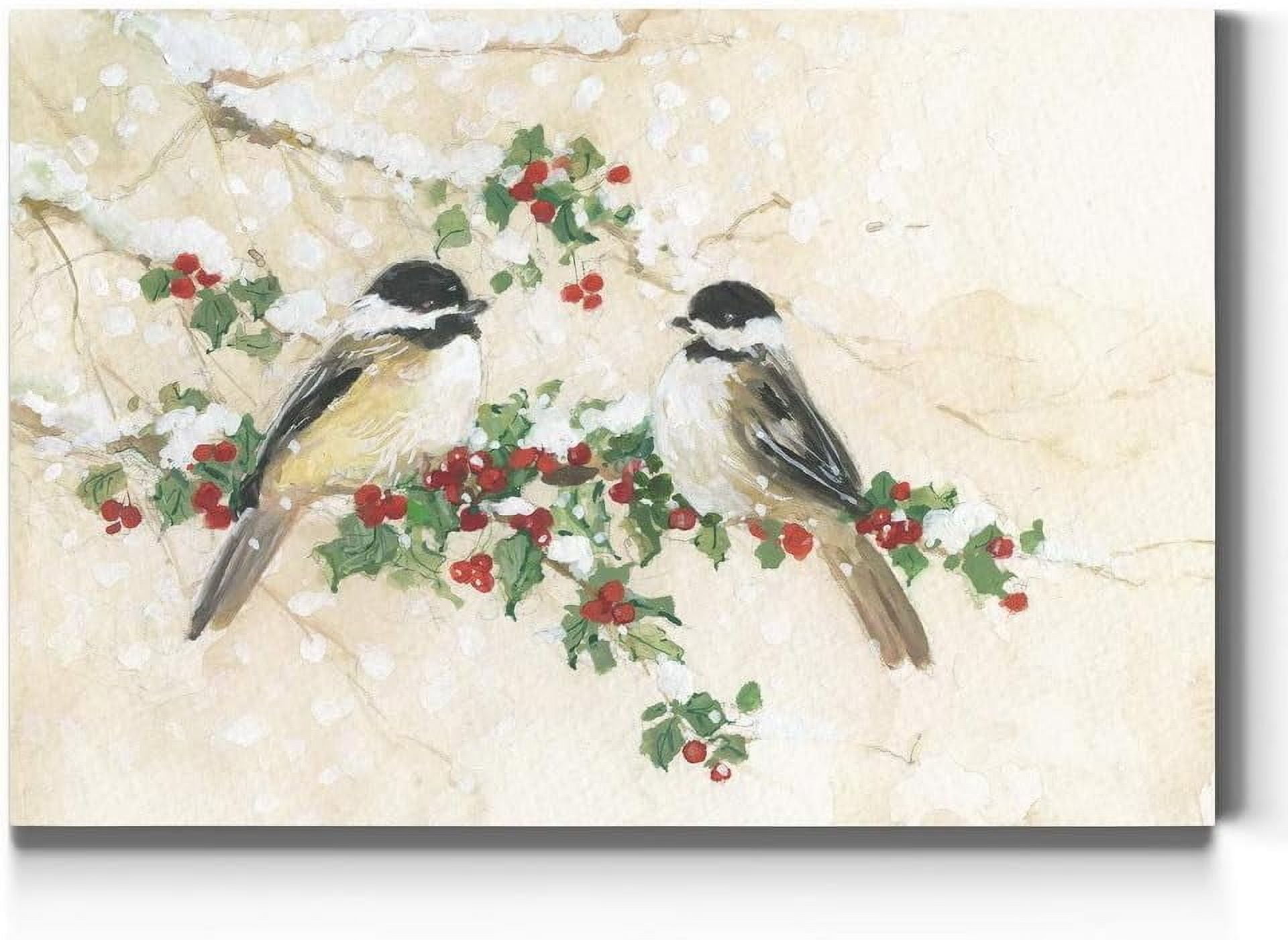 Winter Chickadees Abstract Canvas Wall Art in Beige and Green