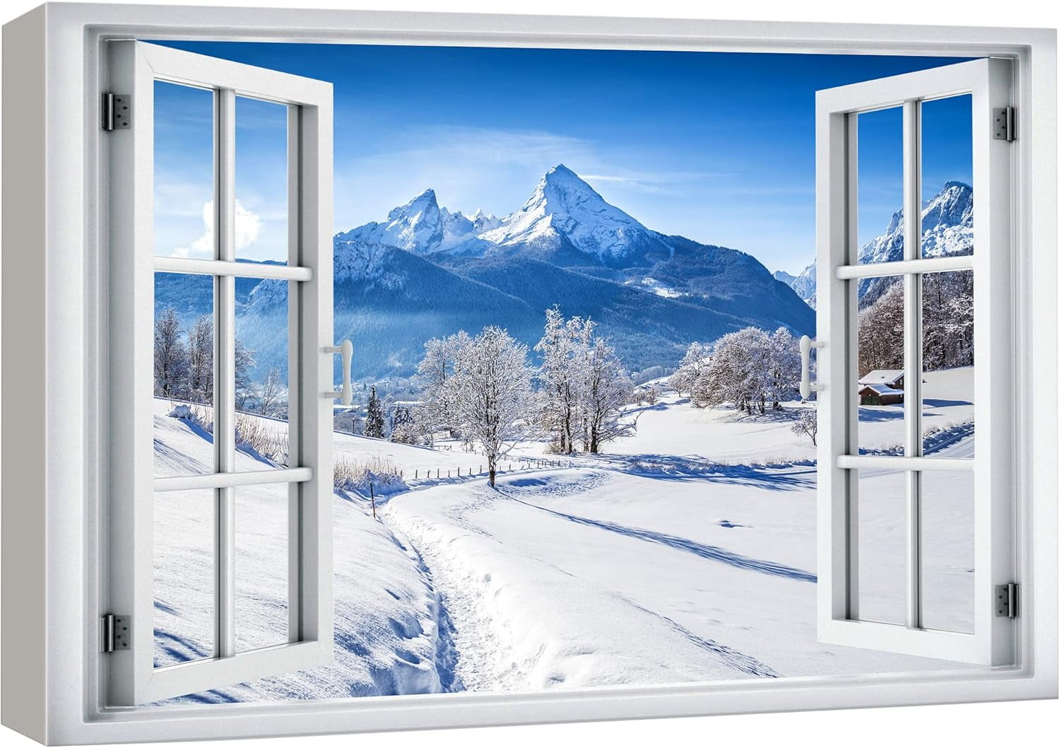 Asdg12s-Canvas Print Wall Art Window View Blue Mountain Range Winter