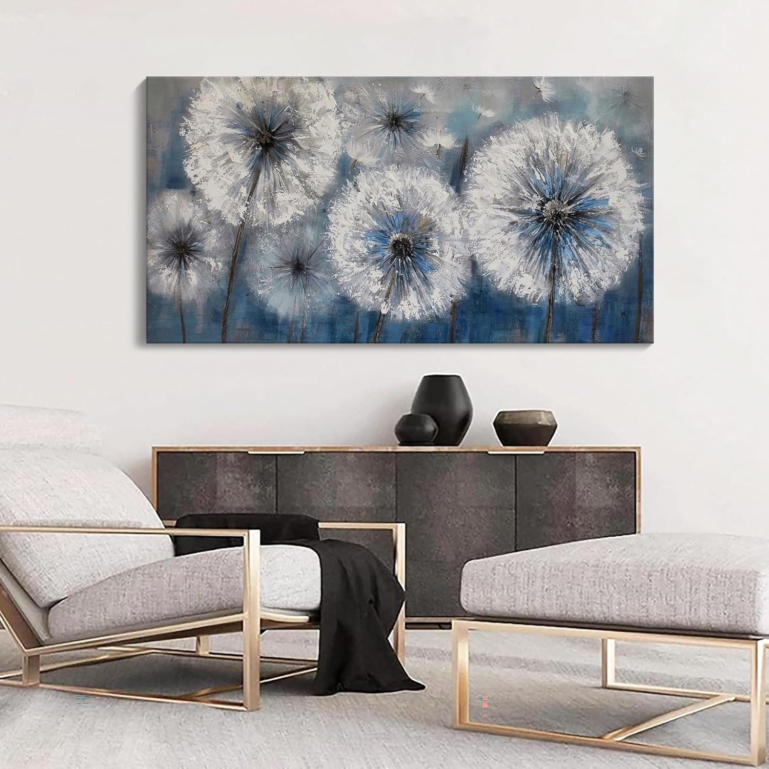 Asdg12s-Dandelion Blue Large Picture for Living Room Canvas Art Wall Decor Above Bed Wall Decor White Flower for Walls Wall Paintings Modern Art Aall Decor for Bedroom 29×58IN
