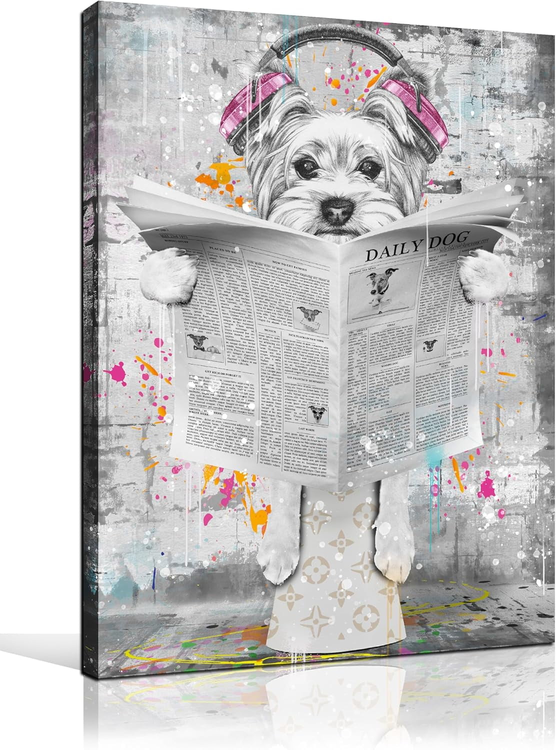Playful Dog Reading Newspaper Abstract Canvas Art in Gray and Pink