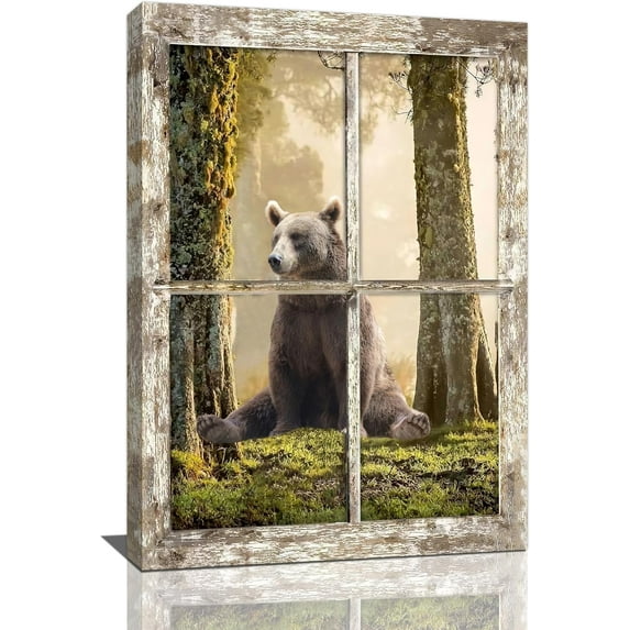 Asdg12s-Farmhouse Forest Bear Wall Art Funny Wild Animal Bear Pictures Wall Decor Rustic Natural Woodland Tree Canvas Print Painting Modern Home Artwork s For Bathroom Bedroom Office 16"x24"