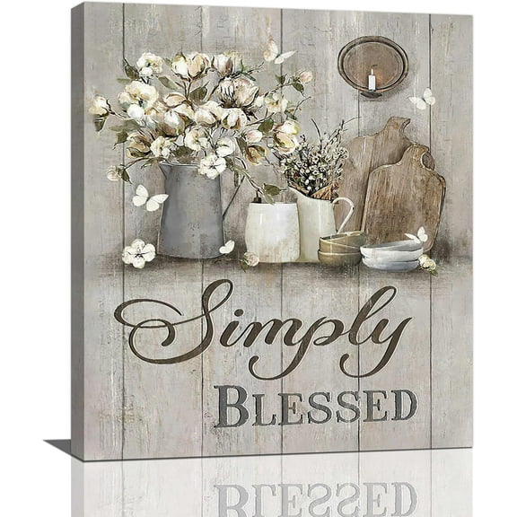 Asdg12s-Farmhouse Kitchen Decor Wall Art Rustic Cotton Simply Blessed Christian Religion Pictures Wall Decor Canvas Painting Prints Artwork Home Decorations Framed for Kitchen Bedroom 20"x24"