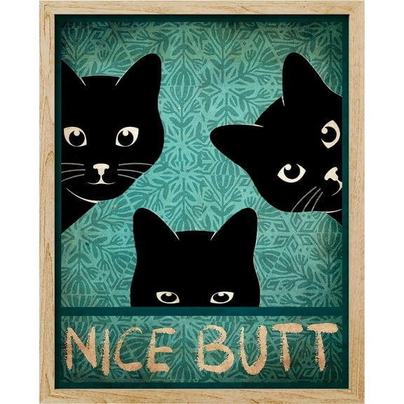 Asdg12s-Framed Nice Butt Wall Art, Sneaky Black Cats, Peeking Wall Decor Prints, Hilarious, Funny, Animal Wall Décor for Living Room, Bedroom - 11"x14" Natural