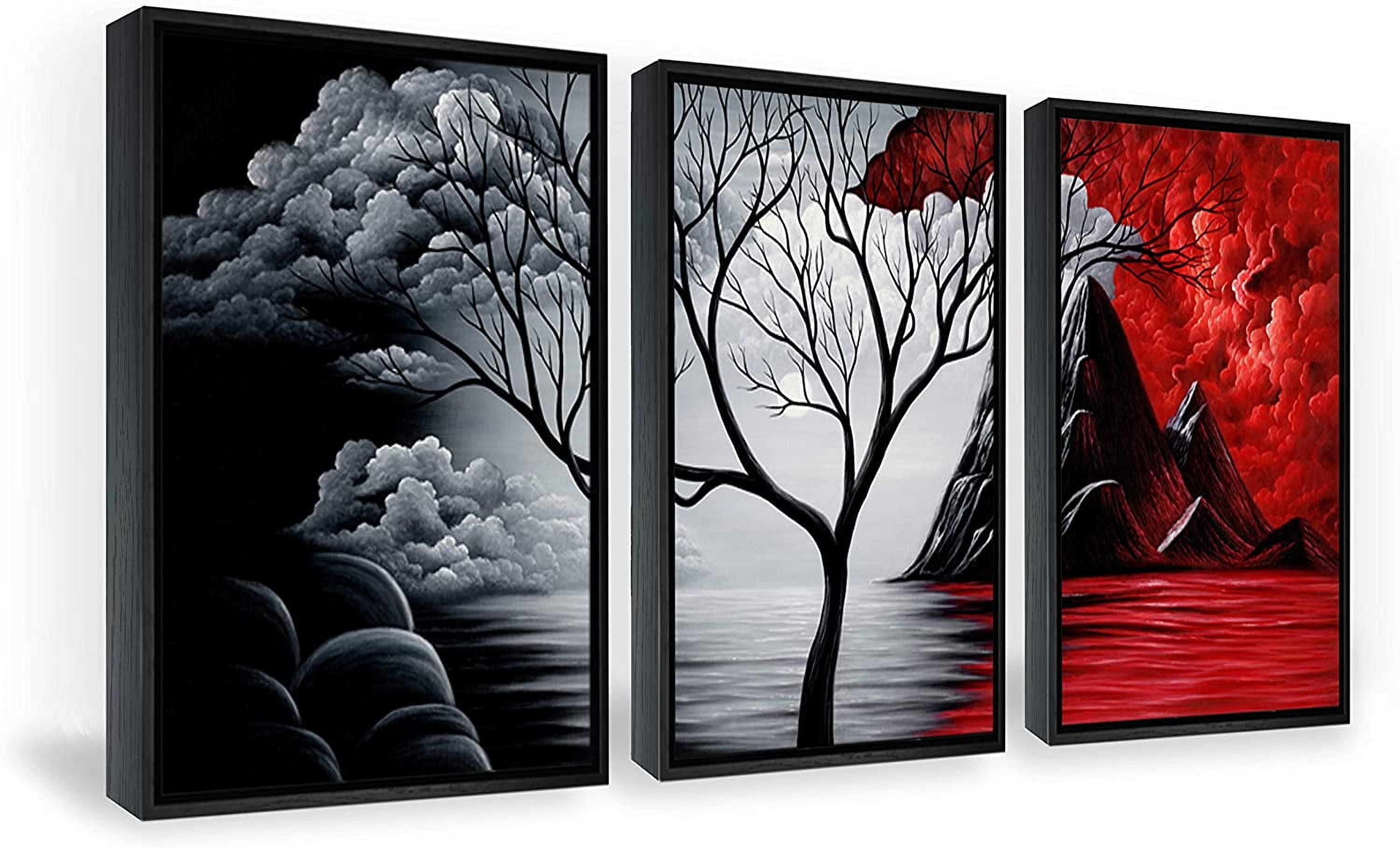 Three-Piece Black, White, and Red Abstract Landscape Canvas Wall Art