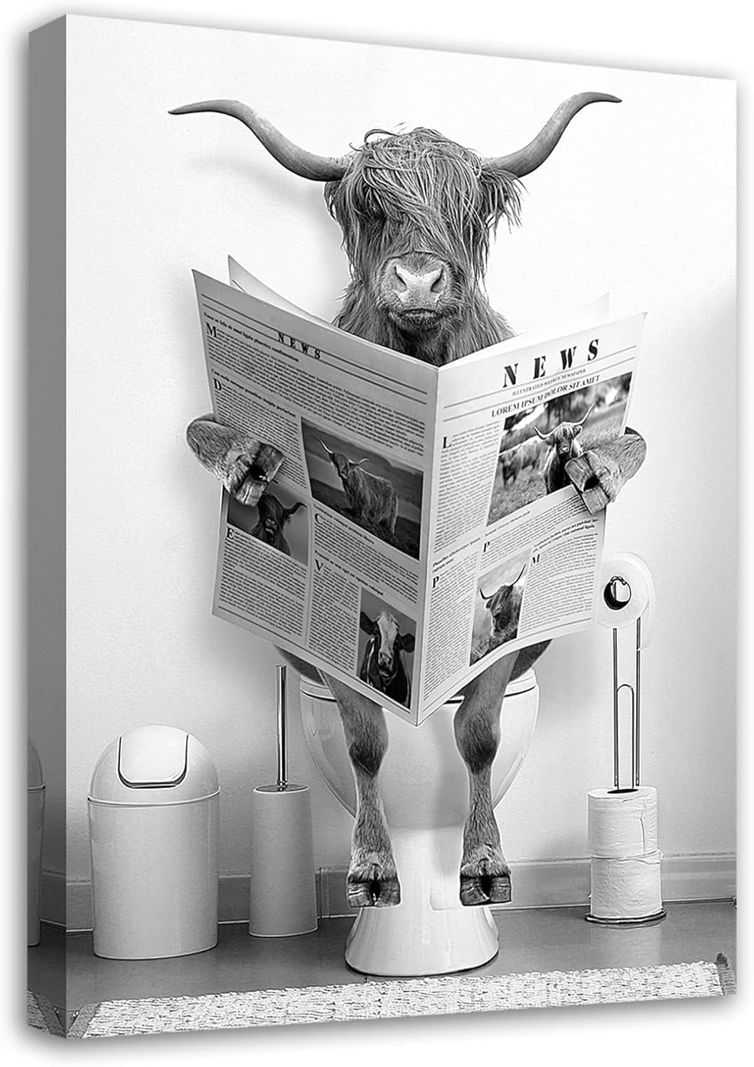 Funny Black and White Highland Cow Bathroom Wall Art, 12”x16”