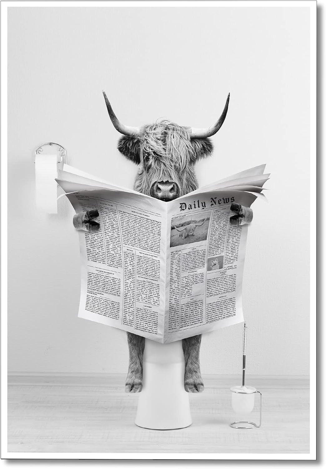 Funny Highland Cow Black and White Canvas Wall Art for Kids