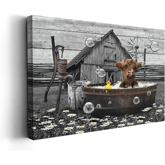 Asdg12s-Highland Cows Wall Art Farmhouse Bathroom Decor Wall Pictures Cute Cow Sitting in Bathtub Canvas Print Painting Rustic Cattle Wall Décor for Bathroom Framed Artwork 12x16 inch