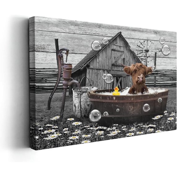 Asdg12s-Framed Highland Cows Wall Art Farmhouse Bathroom Decor Wall Pictures Cute Cow Sitting in Bathtub Canvas Print Painting Rustic Cattle Wall Décor for Bathroom Artwork