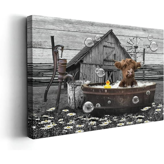 Asdg12s-Highland Cows Wall Art Farmhouse Bathroom Decor Wall Pictures Cute Cow Sitting in Bathtub Canvas Print Painting Rustic Cattle Wall Décor for Bathroom Framed Artwork 12x16 inch