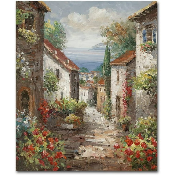 Asdg12s-Italy Town Painting Tuscany Wall Art Streets of Mediterranean Towns Canvas Prints Landscape Picture Ready to Hang Farmhouse Decor