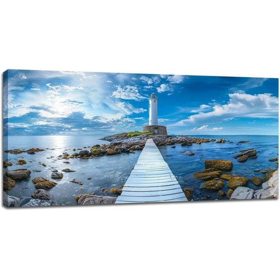 Asdg12s-Large Lighthouse Canvas Wall Art for Living Room Coastal Oversized Wall Decor Pictures Nautical Seascape Print Blue Sky Beach Painting Modern Home Artwork Office Bedroom Dining Room 60"x30"