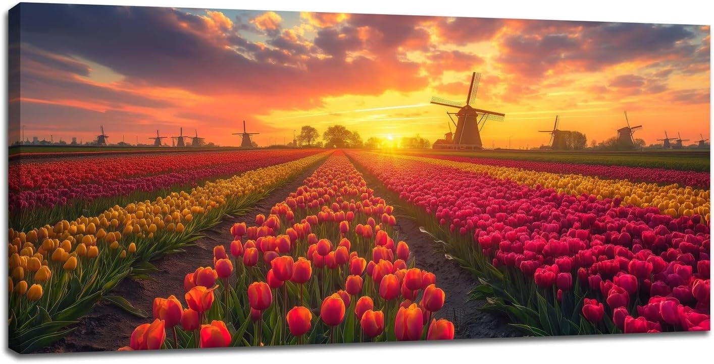 Asdg12s-Large Tulip Flower Canvas for Living Room Sunset Windmill Wall ...