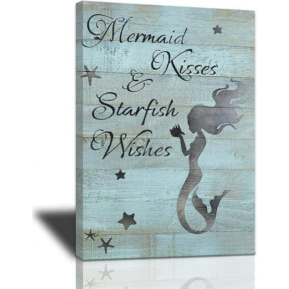 Asdg12s-Framed Mermaid Wall Decor For Bathroom Canvas Wall Art Mermaid Kisses and Starfish Wishes Inspirational Quotes Poster Rustic Giclee Print Home Artwork For Girl Room Bedroom Nautical Theme