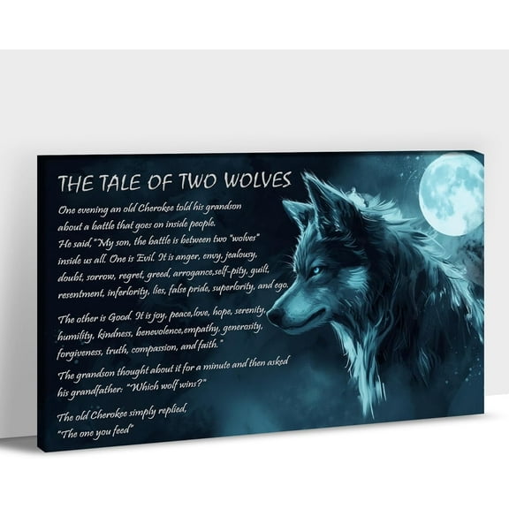 Asdg12s-Modern Wolf Animal Canvas Wall Decor Art, The Tale of 2 Wolves Artwork, Abstract Wildlife Animals Wolf with Blue Eyes Prints, Fierce Wolf Under The Moon Canvas Prints for Living Room