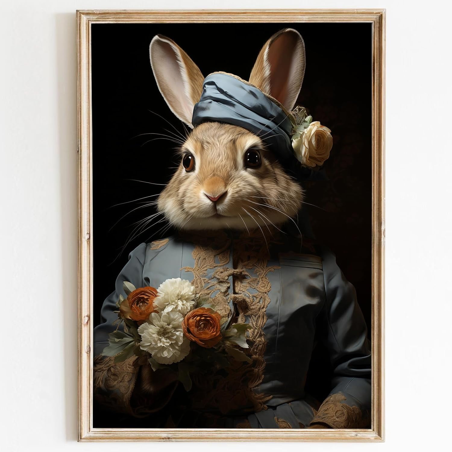 Vintage Bunny Portrait on Canvas in Blue Victorian Dress